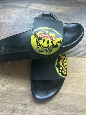Versace Black Slides with Yellow Smiley Medusa and Pink Logo